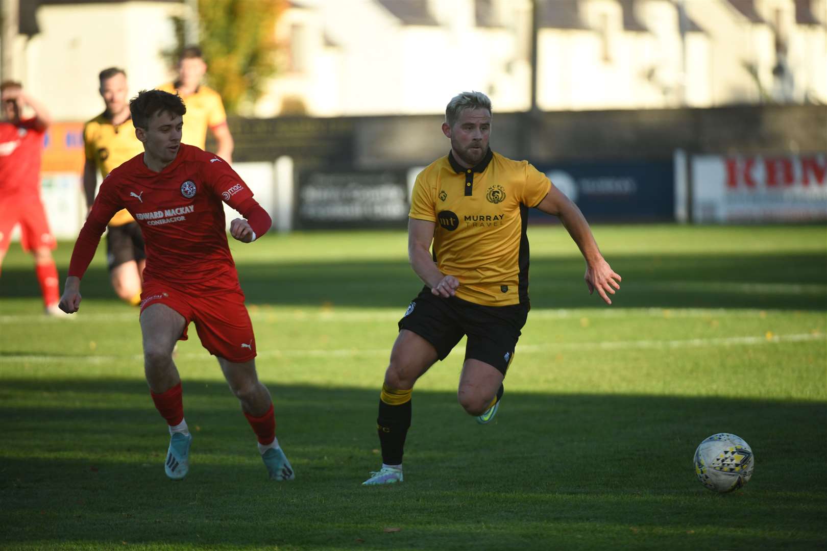 Gregor MacDonald (left) in action for Brora Rangers, who have loaned the midfielder out to Forres. Photo: James Mackenzie