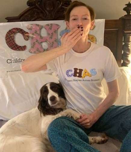 Actress Tilda Swinton with dog, Louis, in a personal video message to CHAS.