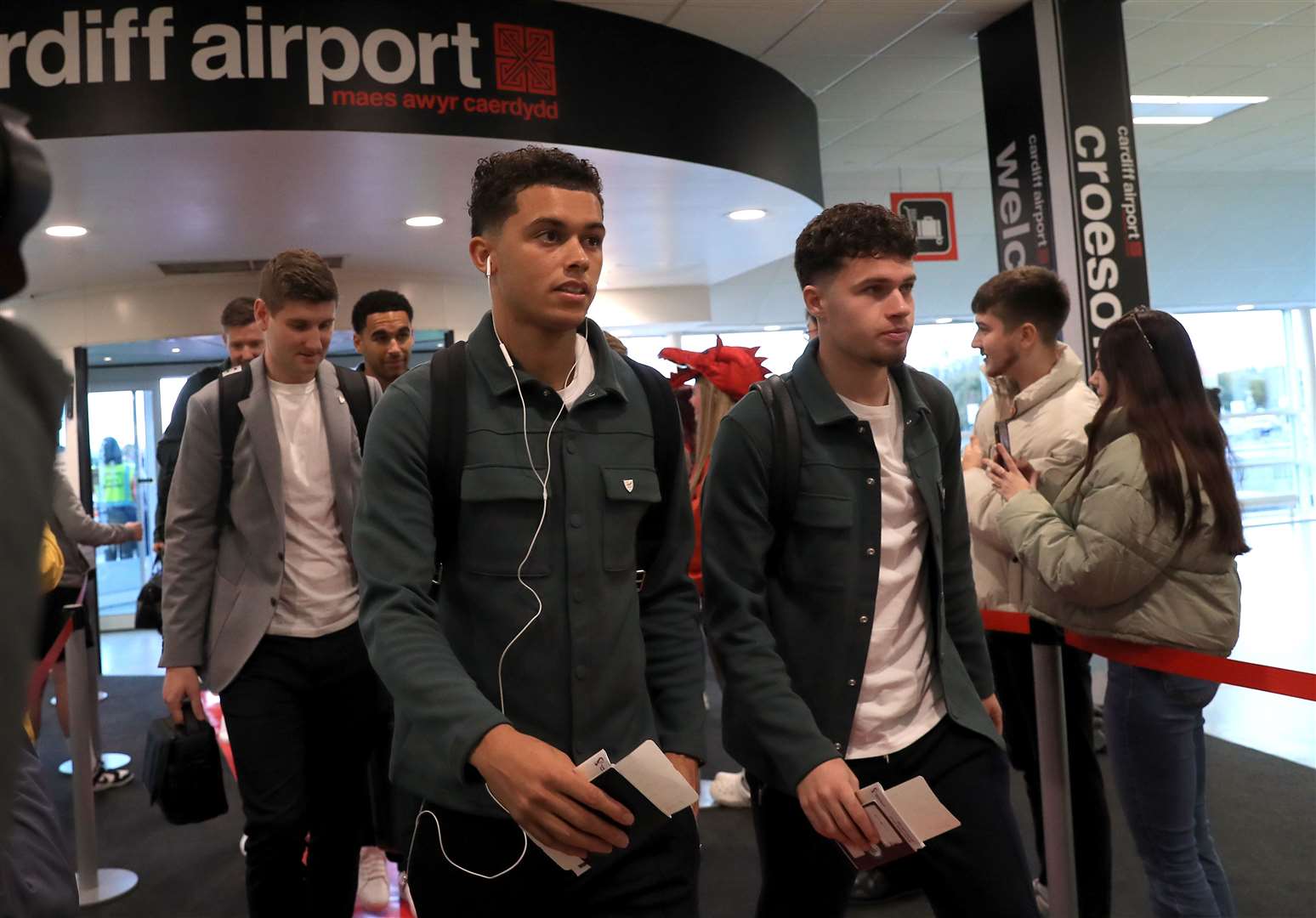 Wales’ Brennan Johnson and Neco Williams (right) departing for Qatar from Cardiff airport (Bradley Collyer/PA)