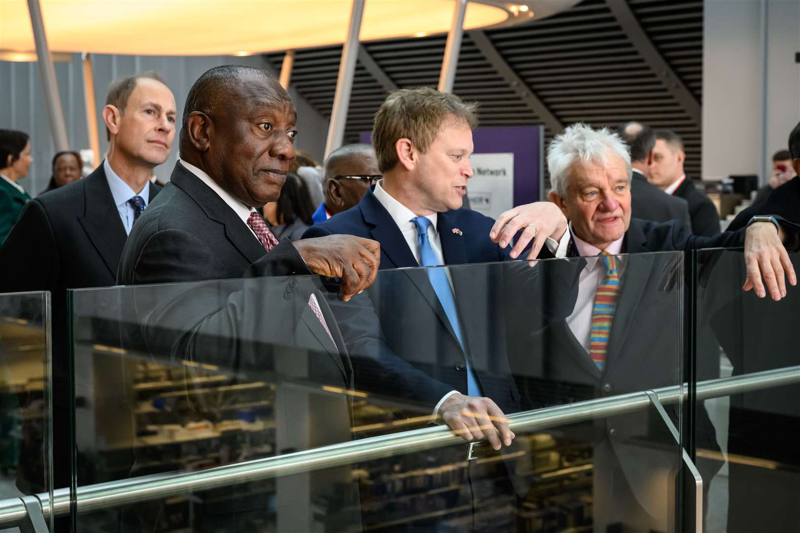 President Cyril Ramaphosa, Business Secretary Grant Shapps and director of the Francis Crick Institute Paul Nurse with the Earl of Wessex (back left) (Leon Neal/PA)