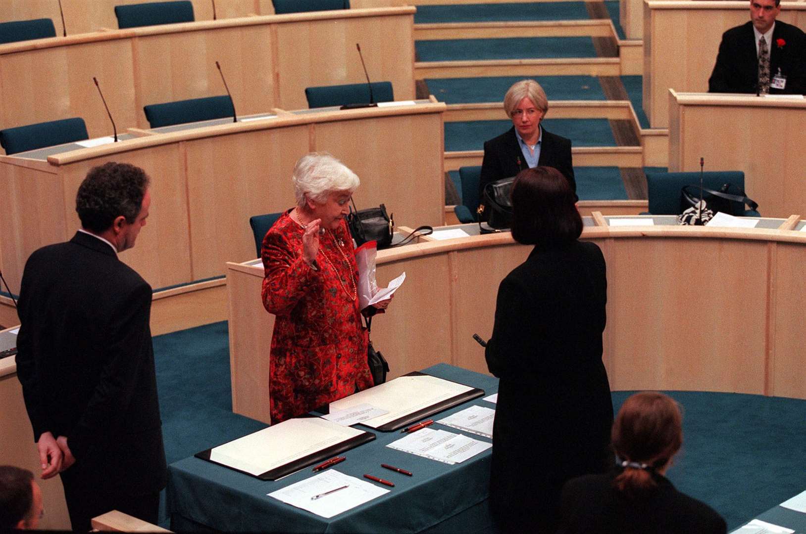 Winnie Ewing being sworn in at the Scottish Parliament in 1999 (Ben Curtis/PA)