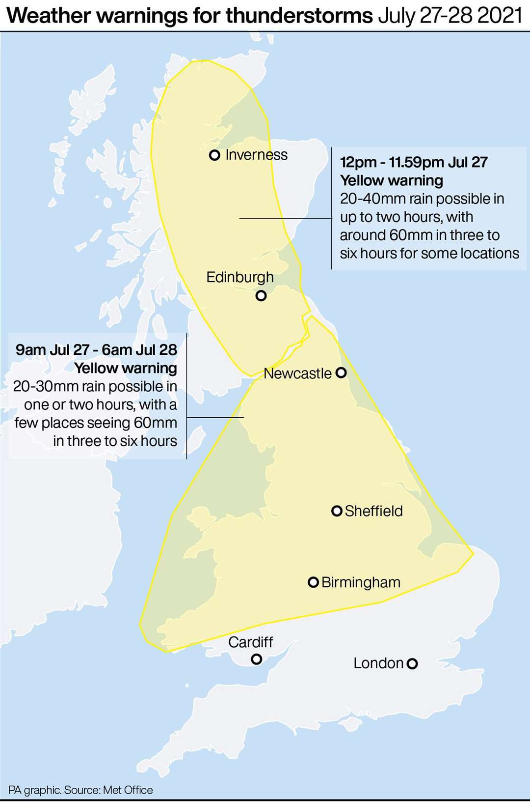 Weather warnings for thunderstorms (PA Graphics)