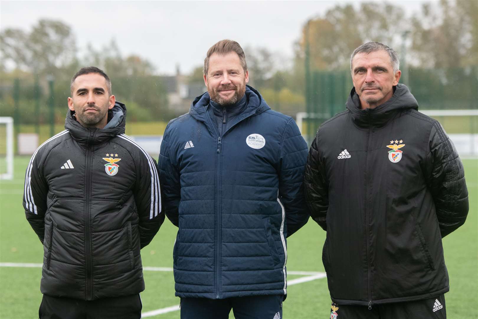 From left; Benfica coach Joao Rosmaninho, Gleaner Arena operations director Robbie Hope and Benfica coach Serguei Kandaurov...SL Benfica coaching and training held at Elgin's Gleaner Arena...Picture: Daniel Forsyth..