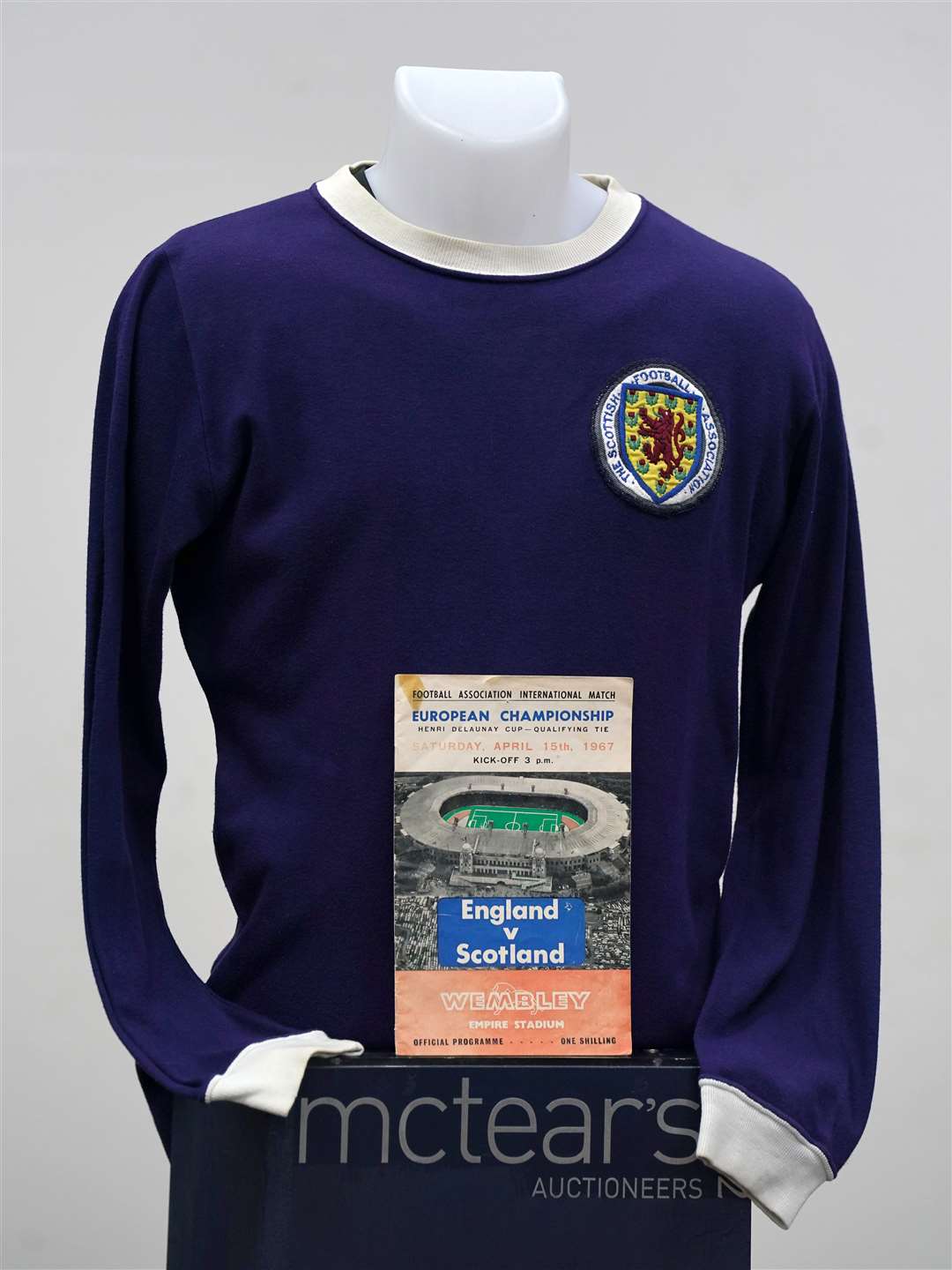 Jim Baxter's match worn jersey from Scotland's 3-2 win over then world champions, England, at Wembley in 1967 on display at McTears, Glasgow before being sold off by the auction house. Picture date: Wednesday January 11, 2023.