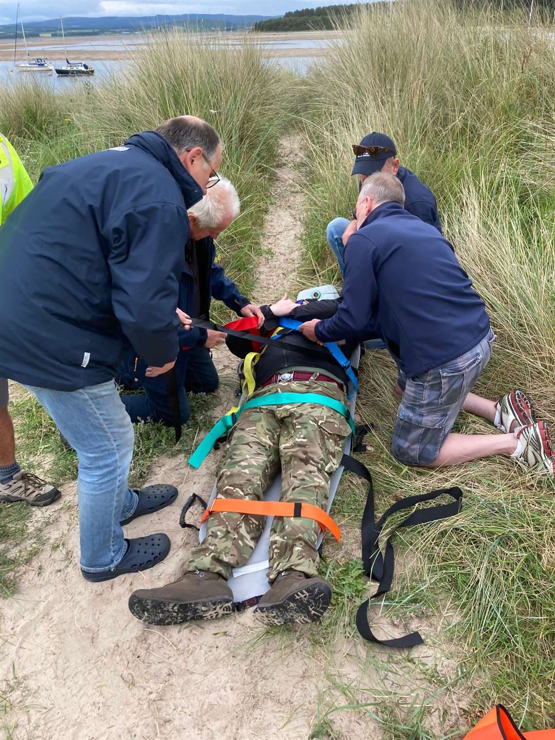 Exercise to simulate assessment and recovery of a casualty from the Findhorn dunes. Picture by Morven Mackenzie