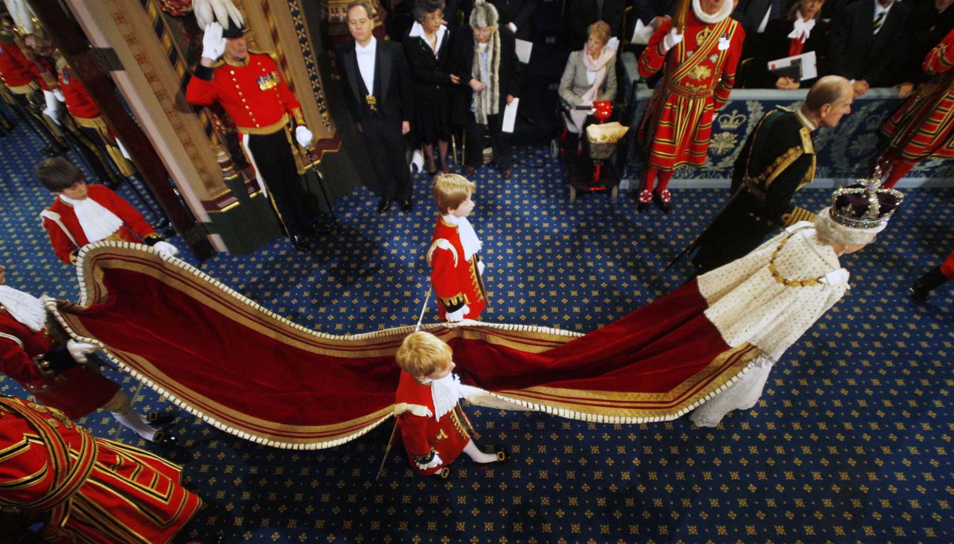 Queen Elizabeth II in her Robe of State which Camilla will wear (Alastair Grant/PA)