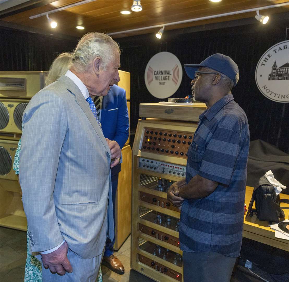 Charles was intrigued by the recreation of one of the early sound systems used by Notting Hill Carnival DJs in the 1960s (Ian Vogler/Daily Mirror/PA)