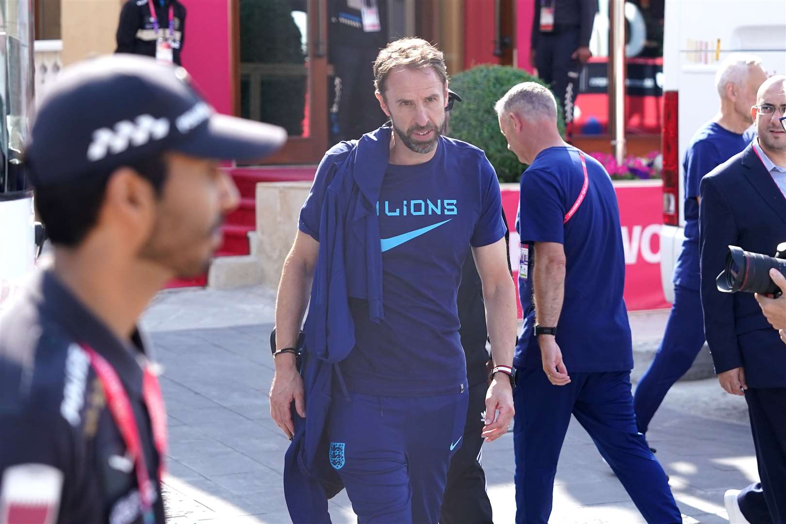 England manager Gareth Southgate outside the Souq Al-Wakra hotel, Qatar, following England’s loss to France in their World Cup quarter-final in Al Khor on Saturday (Martin Rickett/PA)