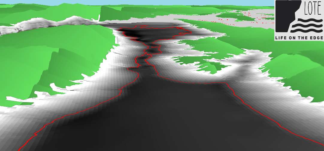 A 3D image of the coastline of Croatia with the 14,000-year-old coastline in red (Simon Fitch/University of Bradford)