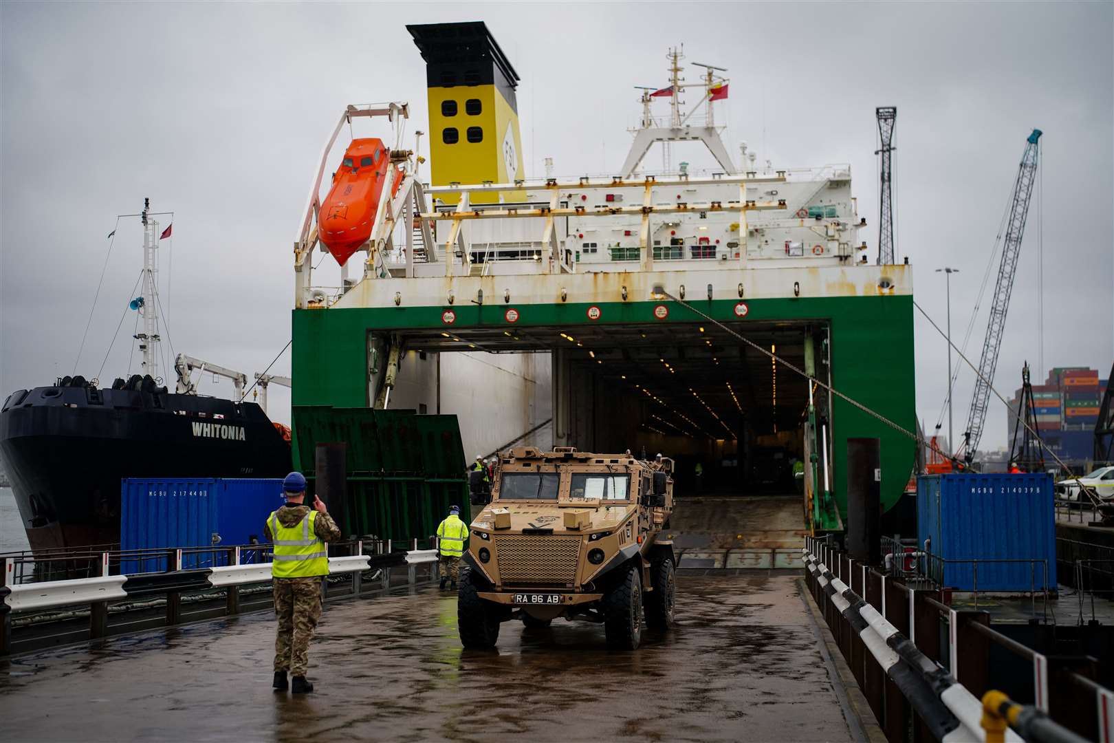 MV Anvil Point as vehicles and equipment are loaded onboard at the Sea Mounting Centre in Marchwood near Southampton (Ben Birchall/PA)