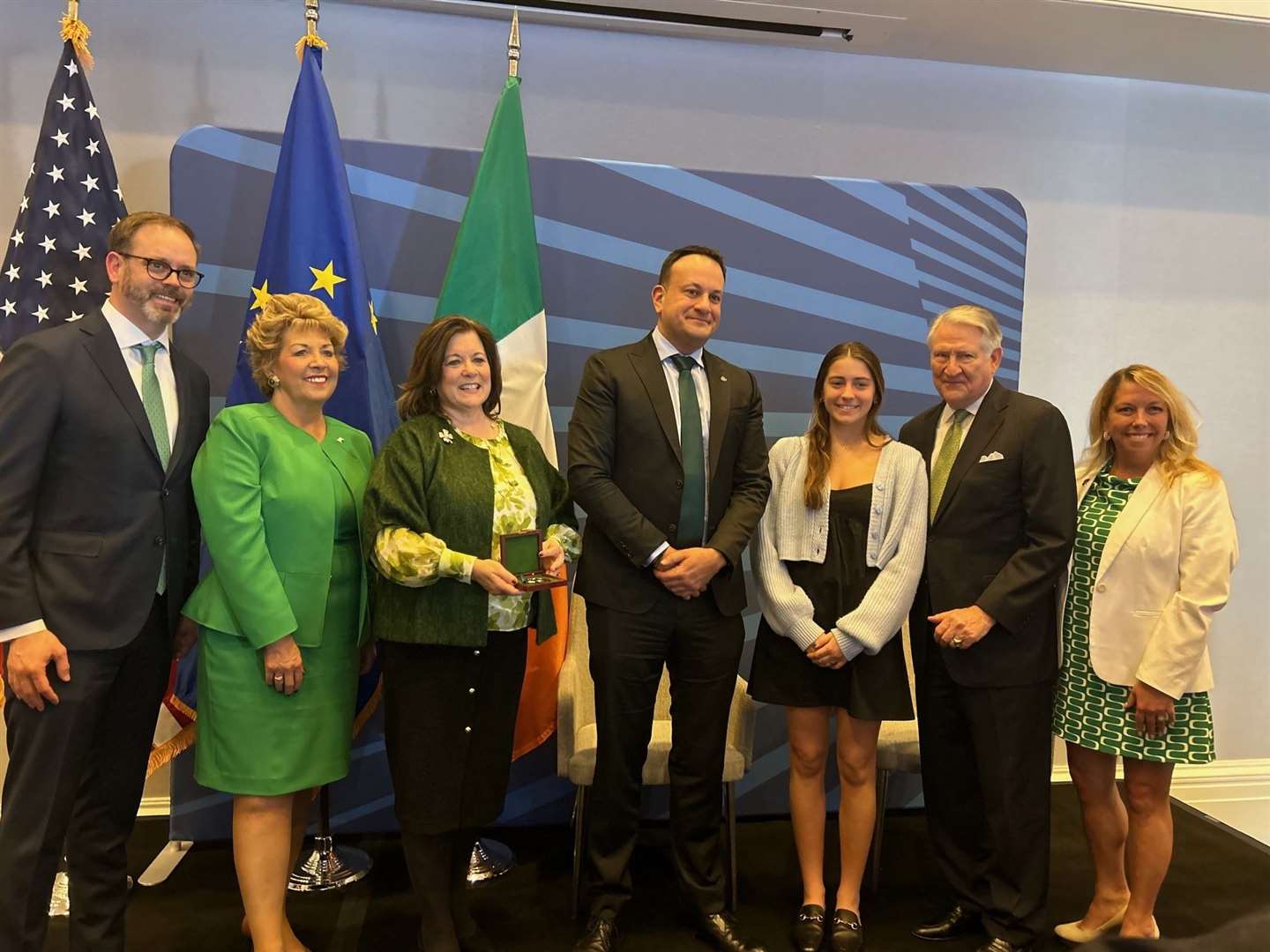 Taoiseach Leo Varadkar and Irish ambassador to the US Geraldine Byrne Nason with US Chamber of Commerce president Suzanne Clark (Cillian Sherlock/PA)