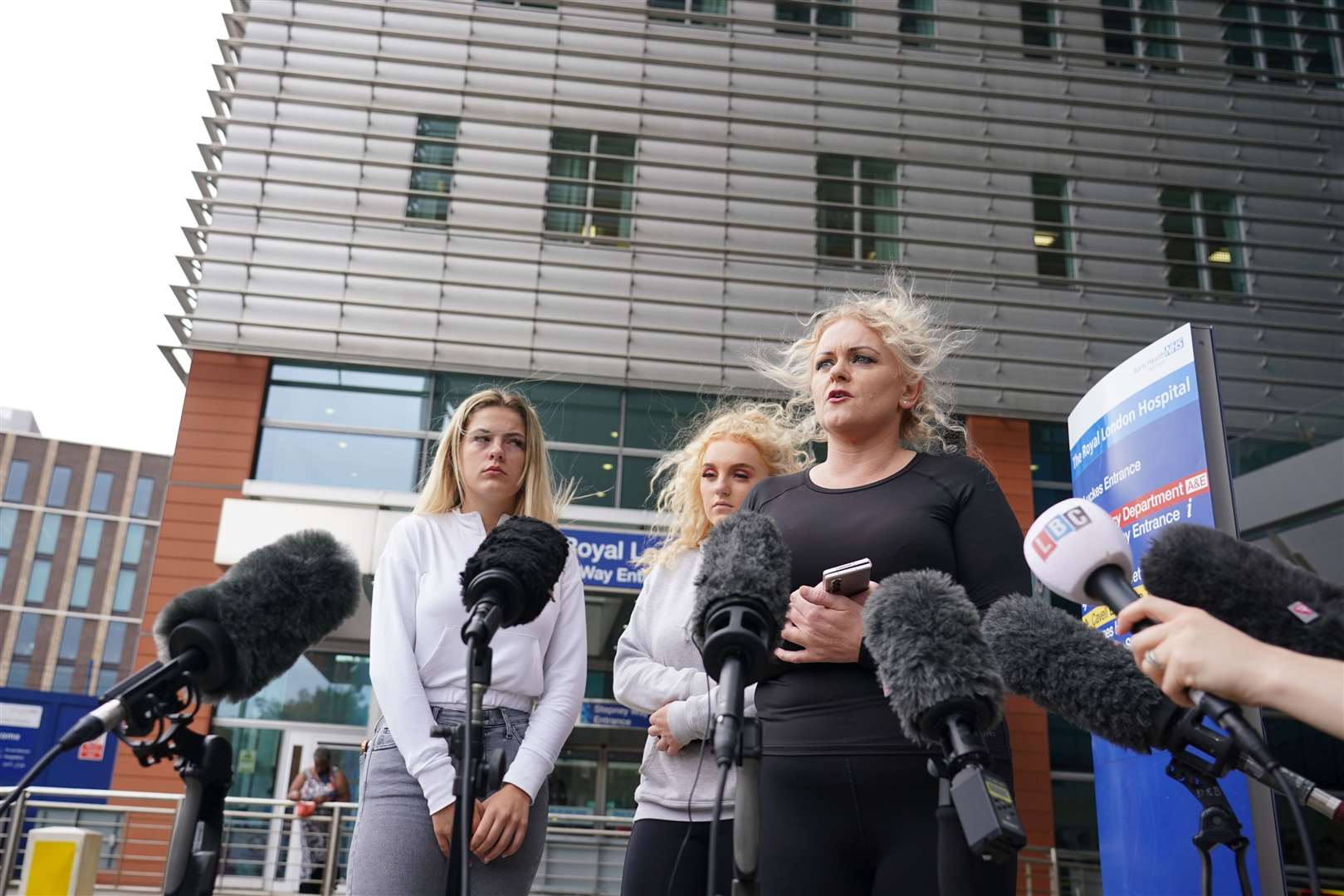 Archie Battersbee’s mother, Hollie Dance (right) speaks to the media outside the Royal London Hospital in Whitechapel, east London (Dominic Lipinski/PA)