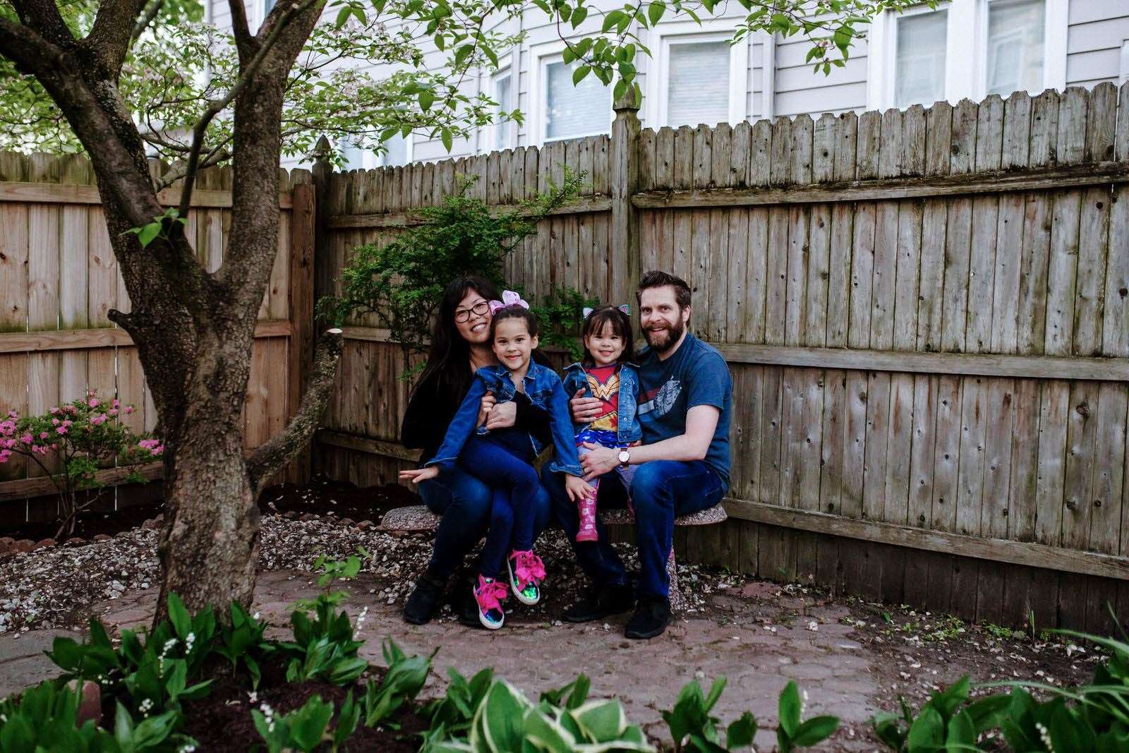Andrew, Marie Olivia and Emilia in their back yard during lockdown USA. Picture by Marie Sin Photography.