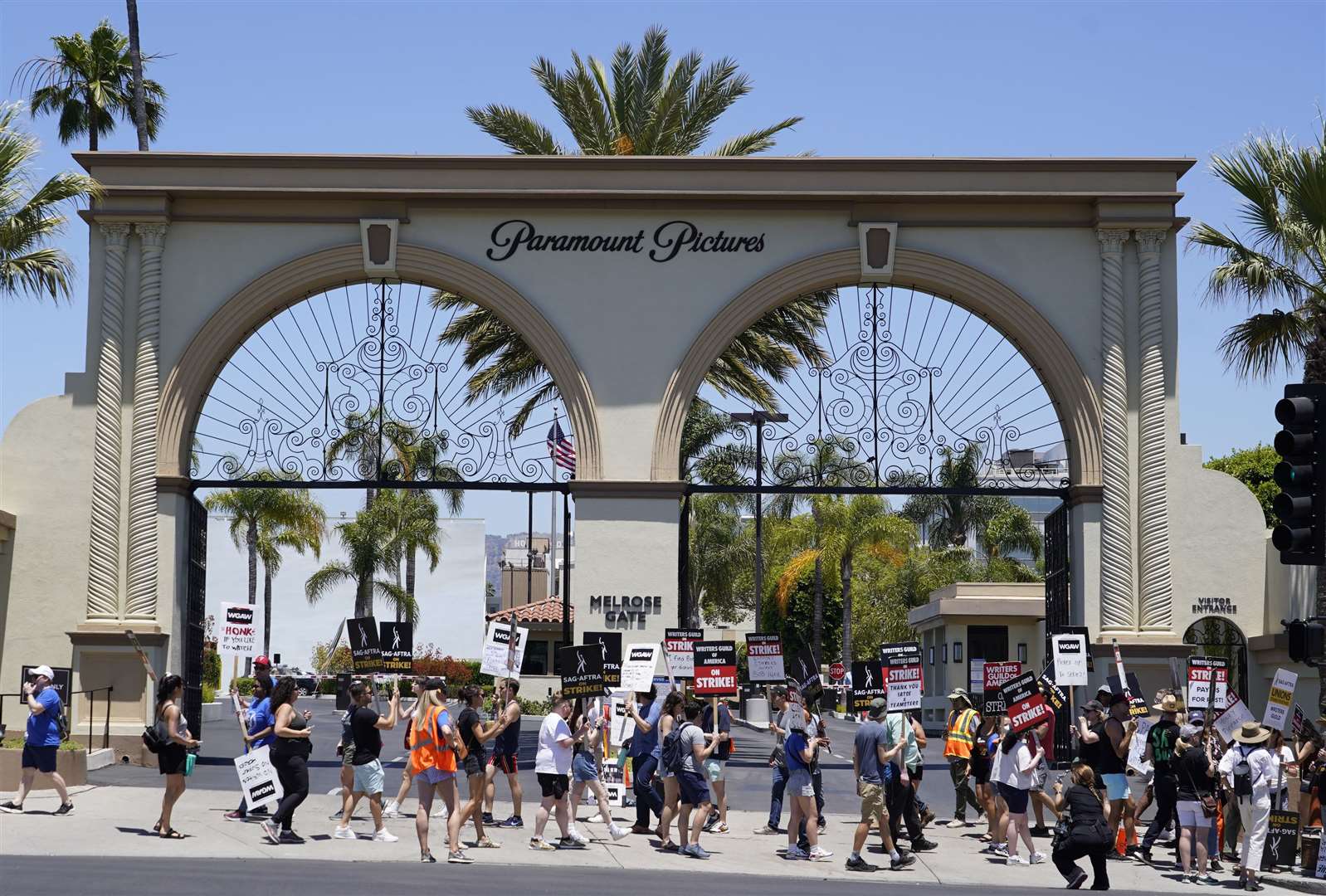 Striking writers and actors take part in a rally outside Paramount studios in Los Angeles (AP Photo/Chris Pizzello)