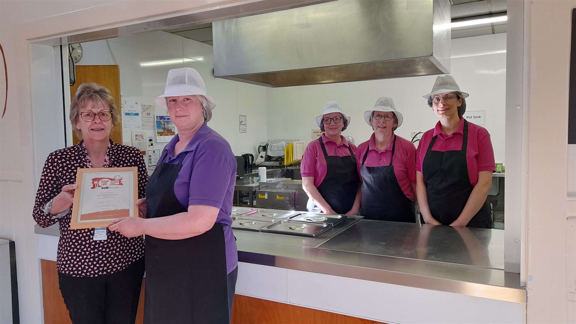 Pictured at Rothes Primary School with the Food for Life Award are (from left) assistant catering officer Denise Laing, cook supervisor Fiona Hutton, catering assistants Caroline Johnston, Susan R.