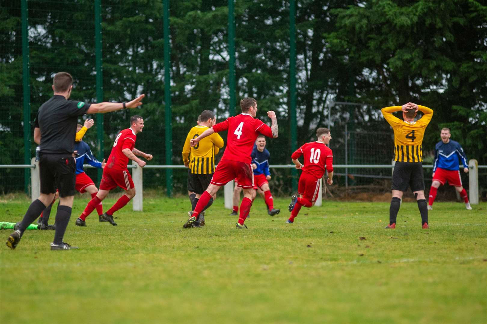 Delight for Forres Thistle as they score the second goal before half time. Picture: Daniel Forsyth