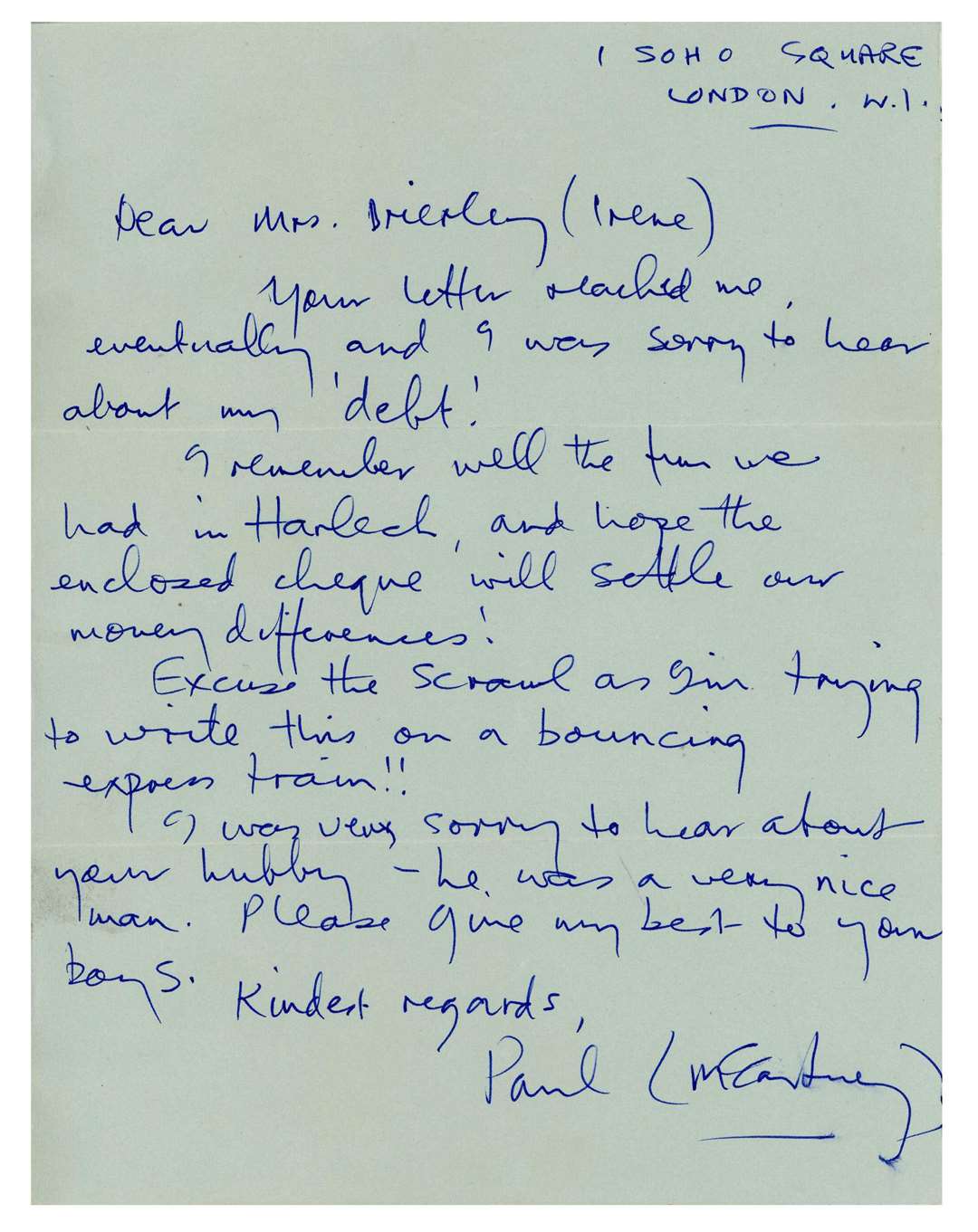 Letter from Paul McCartney to Irene Brierley to repay blanket ‘debt’ (Tracks Ltd/PA)