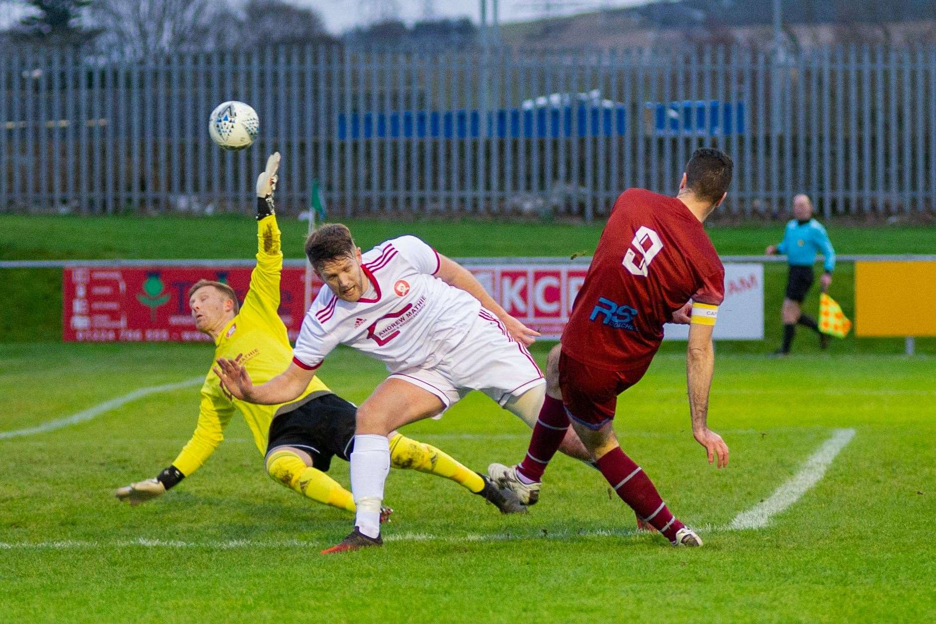 Keith captain Cammy Keith opens the scoring in the Maroons' Scottish Cup win over Hill of Beath Hawthorn. Picture: Daniel Forsyth..