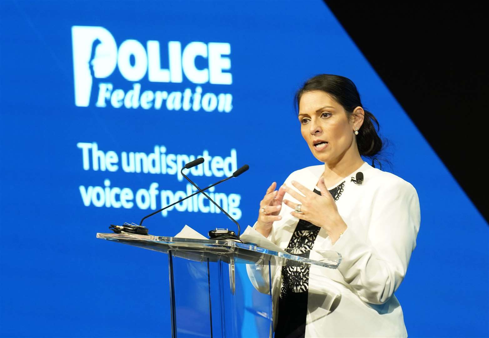 Home Secretary Priti Patel speaking at the annual conference of the Police Federation of England and Wales at the Central Convention Complex in Manchester (Danny Lawson/PA)