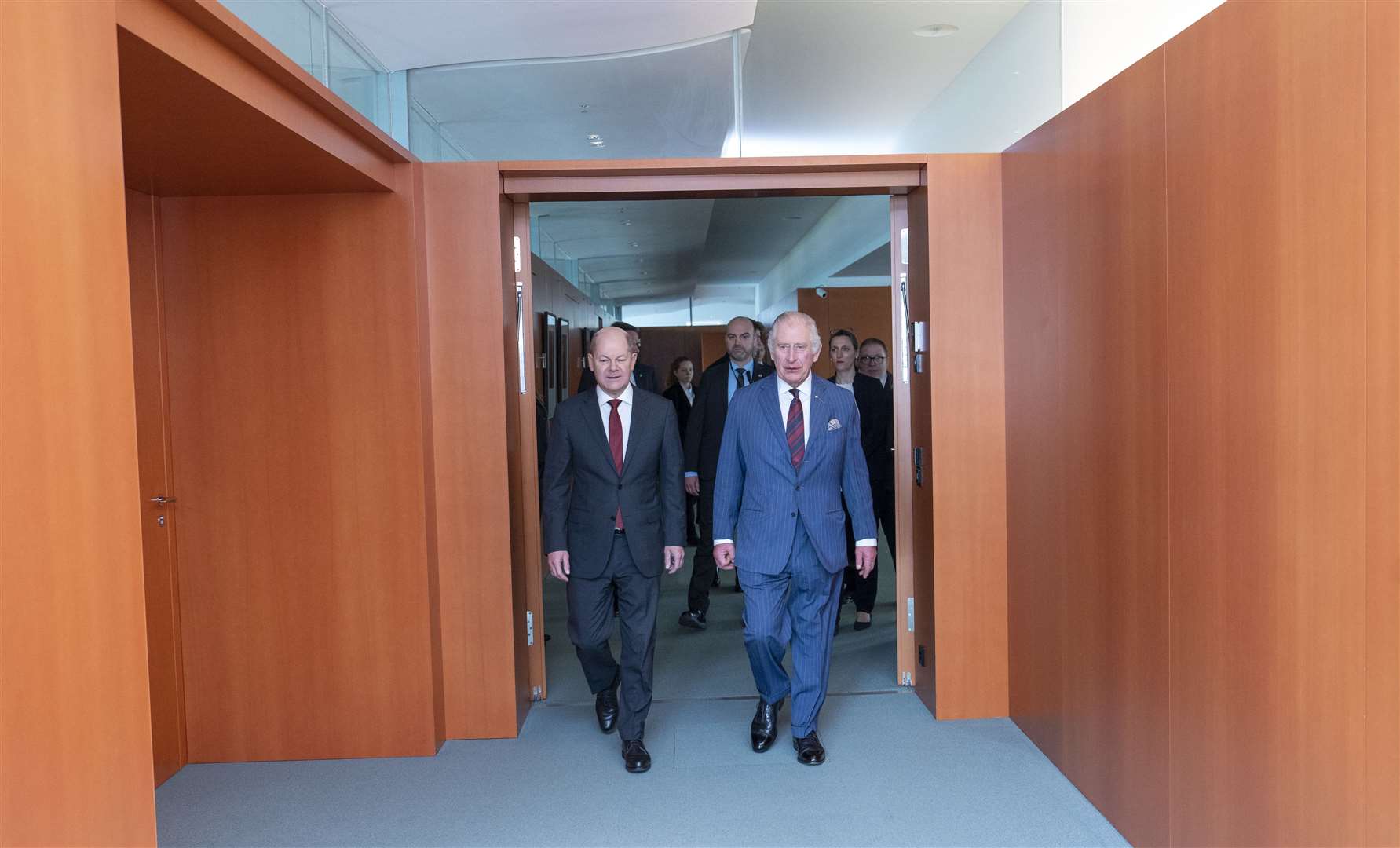 German Chancellor Olaf Scholz (left) with the King as he arrives for a visit to the German Chancellery (Arthur Edwards/The Sun/PA)