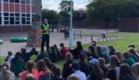 PC Tom Millican spoke to Kinloss pupils and staff about road safety following an accident at the gates in May.
