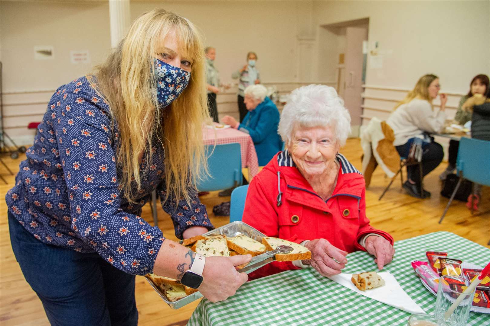 Kay Denby and Ann Clarke at a Saturday morning coffee morning in Forres Town Hall organised by Forres Area Community Trust. Picture: Daniel Forsyth..