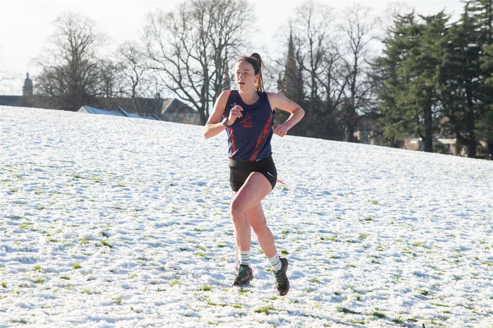 Highland Hill Runner Kirstie Rogan on her way to 1st overall in the Senior Women's race...North District X-Country League - Grant Park, Forres - 19/02/2022...Picture: Daniel Forsyth..