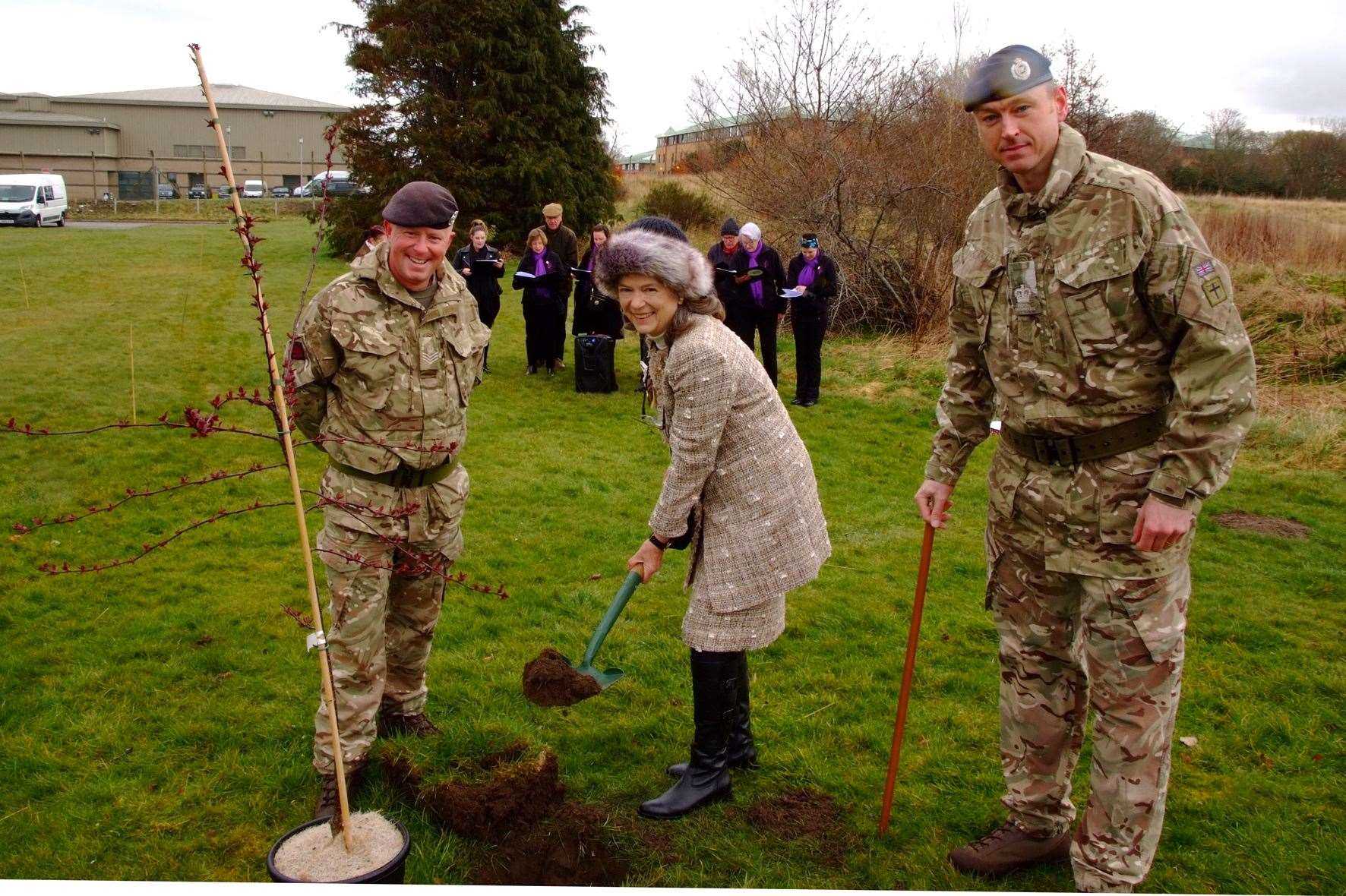 SSgt Long-Melton and Regimental Sgt Major Terris with DL Sue Finnegan who planted the first tree.