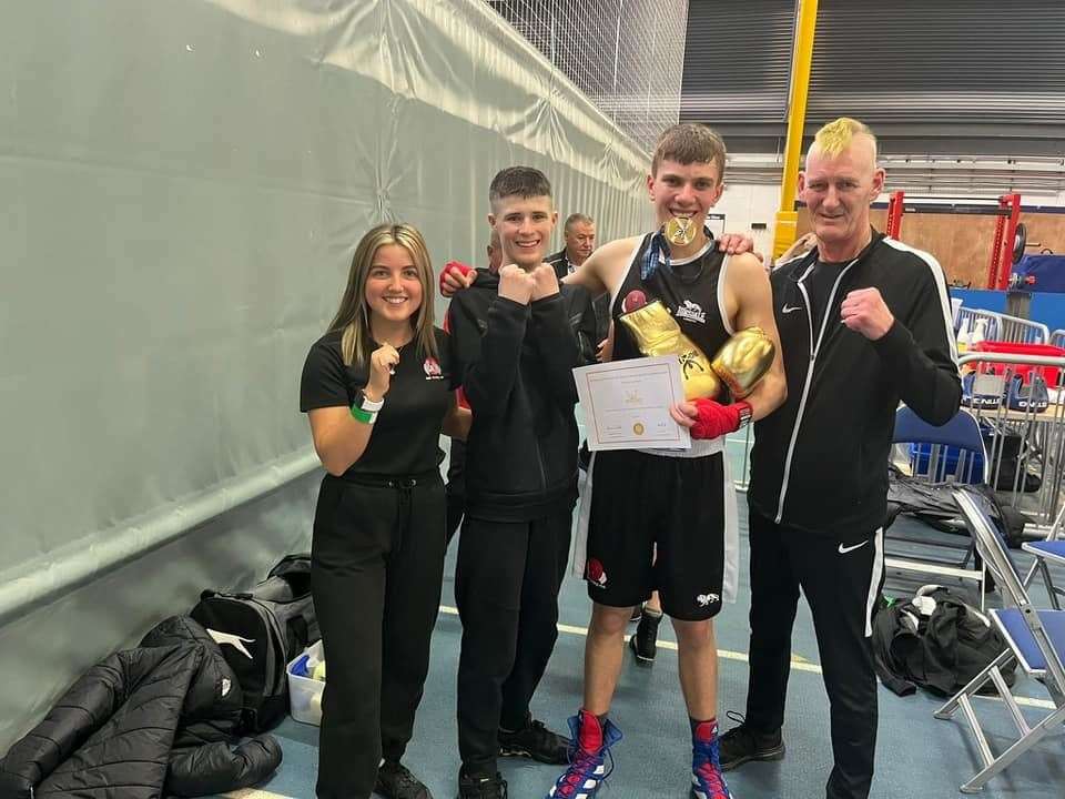 Elgin BC's Megan Gordon - the first female to box at the Youth Commonwealth and Senior Commonwealth Games - intermediate and district champion Tyler Sked, Marcus and coach Iain Goldie in Motherwell.