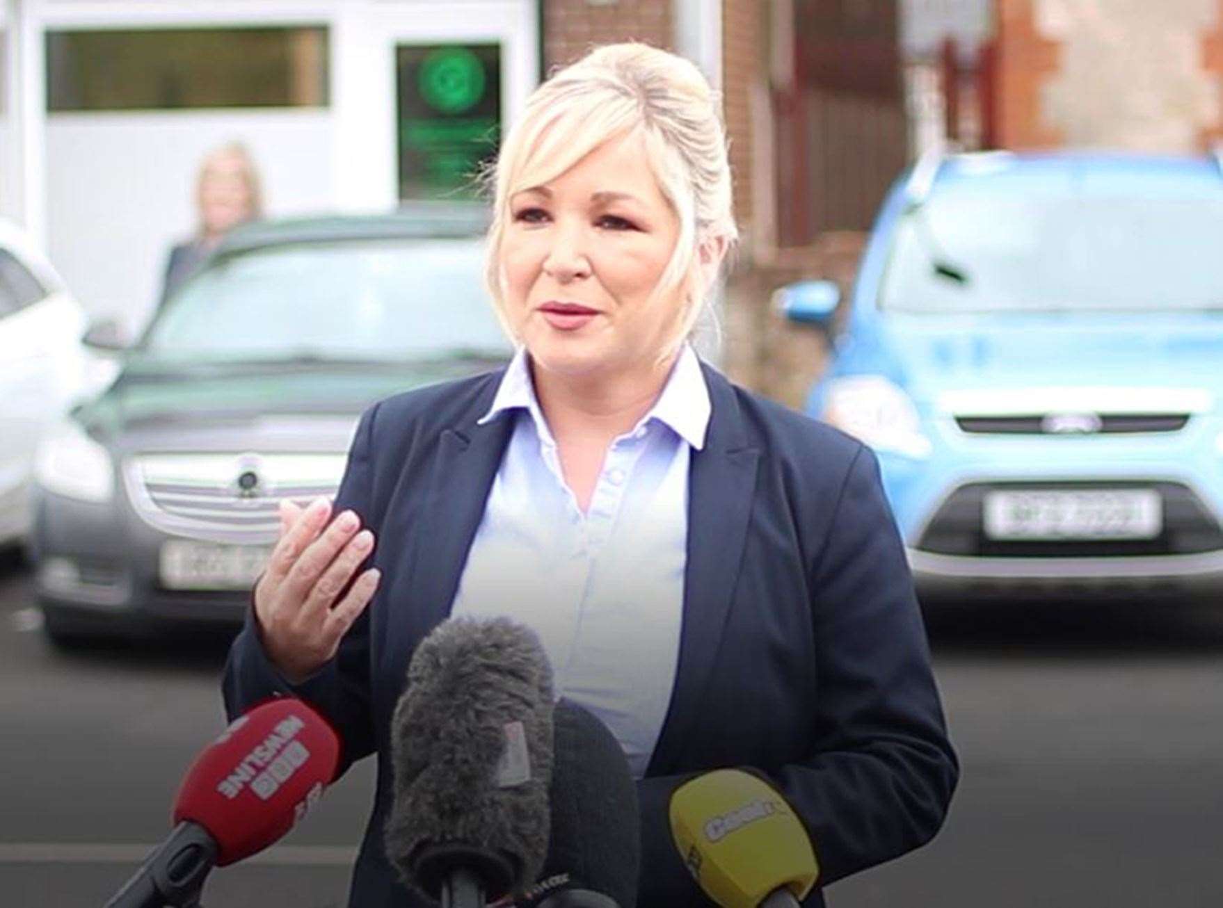 Sinn Fein’s vice president Michelle O’Neill spoke about the death of David Trimble during a visit to Cookstown (Sinn Fein/PA)