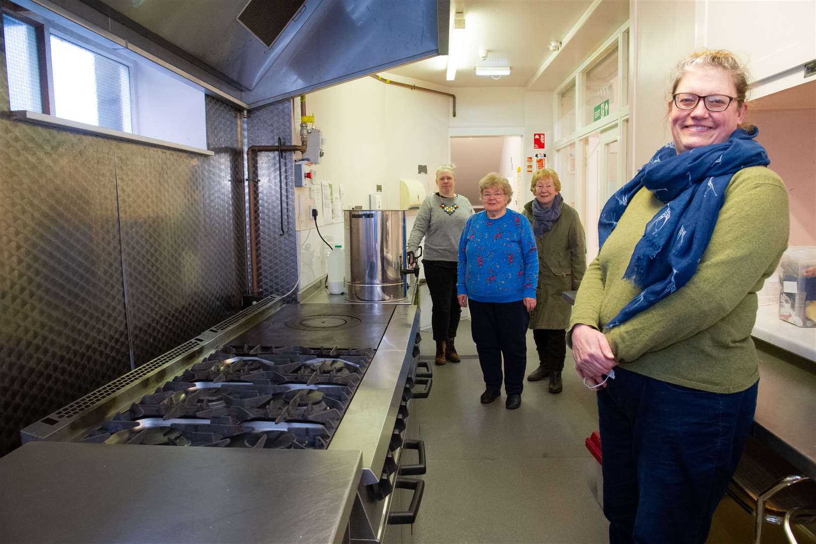 Mairi McCallum of Moray Food Plus, FACT directors Lesley Edwards and Sandra Maclennan, and FACT development manager Debbie Herron in the town hall kitchen. Picture: Daniel Forsyth..
