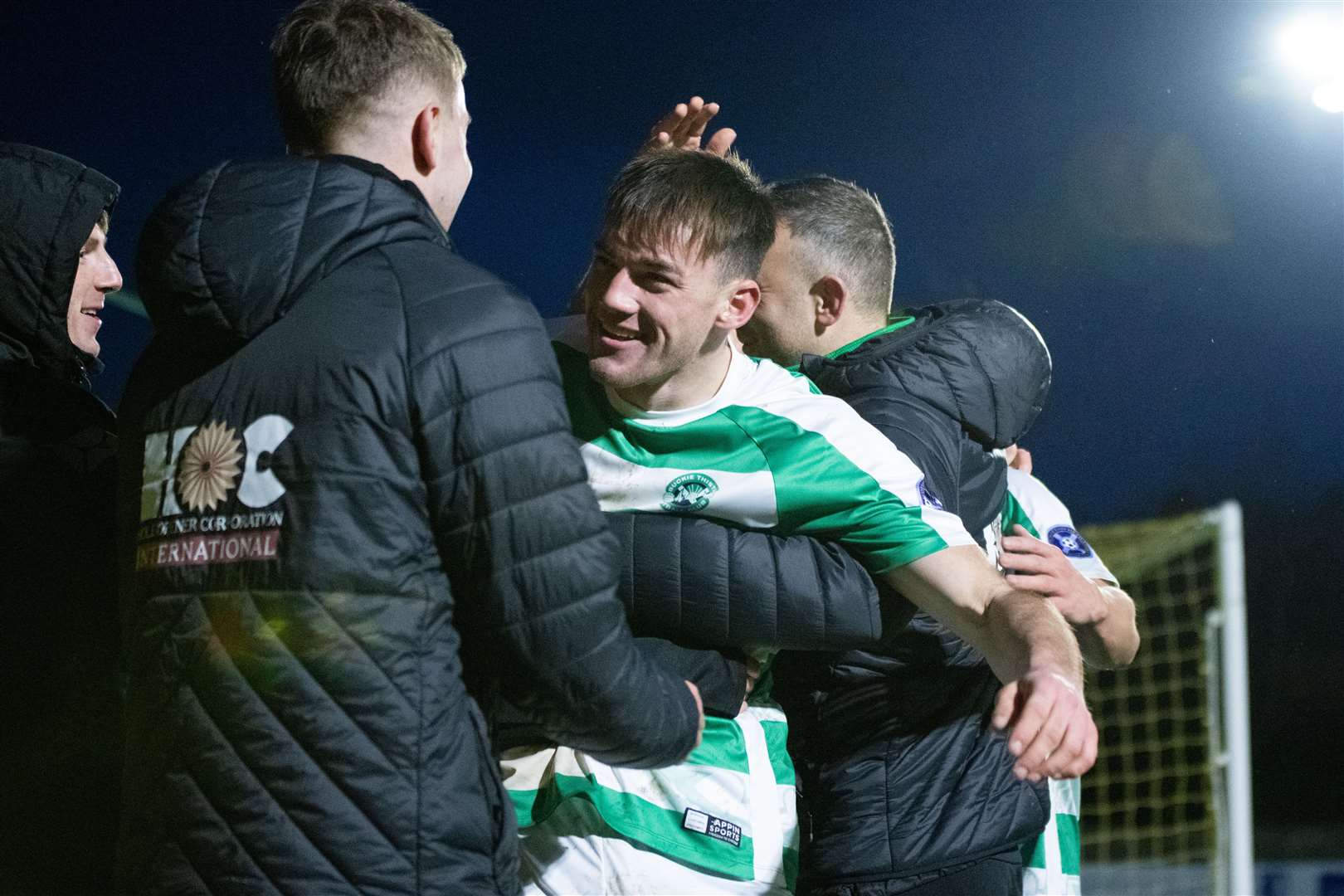 Buckie centre back Jack Murray celebrates after he slots home the first of his two penalties of the afternoon...Forres Mechanics FC (1) vs Buckie Thistle FC (8) - Highland Football League 23/24 - Mosset Park, Forres 30/12/2023...Picture: Daniel Forsyth..