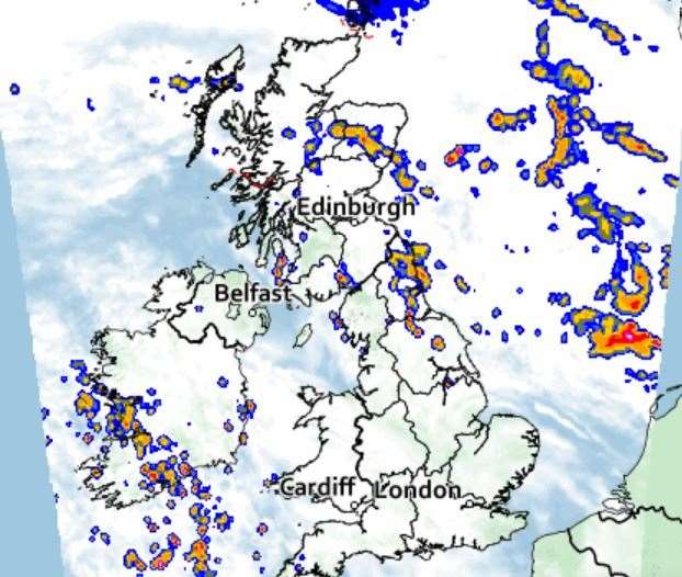 The rain and stormy weather pictured moving northwards over night and into Tuesday morning (Met Office/PA)