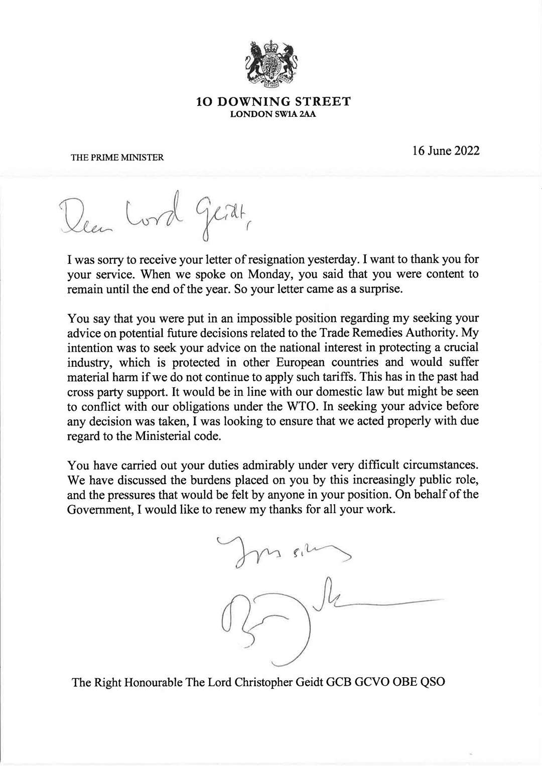 A Downing Street handout photo of the letter by Boris Johnson to Lord Christopher Geidt (Downing Street/PA)