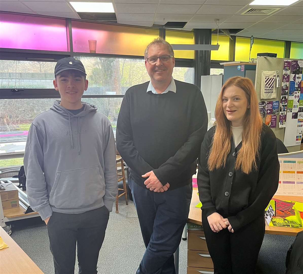 Fourth year Communication Design students Ollie Serle and Bronwen Farquhar with Dean of Gray’s School of Art Dan Allen.