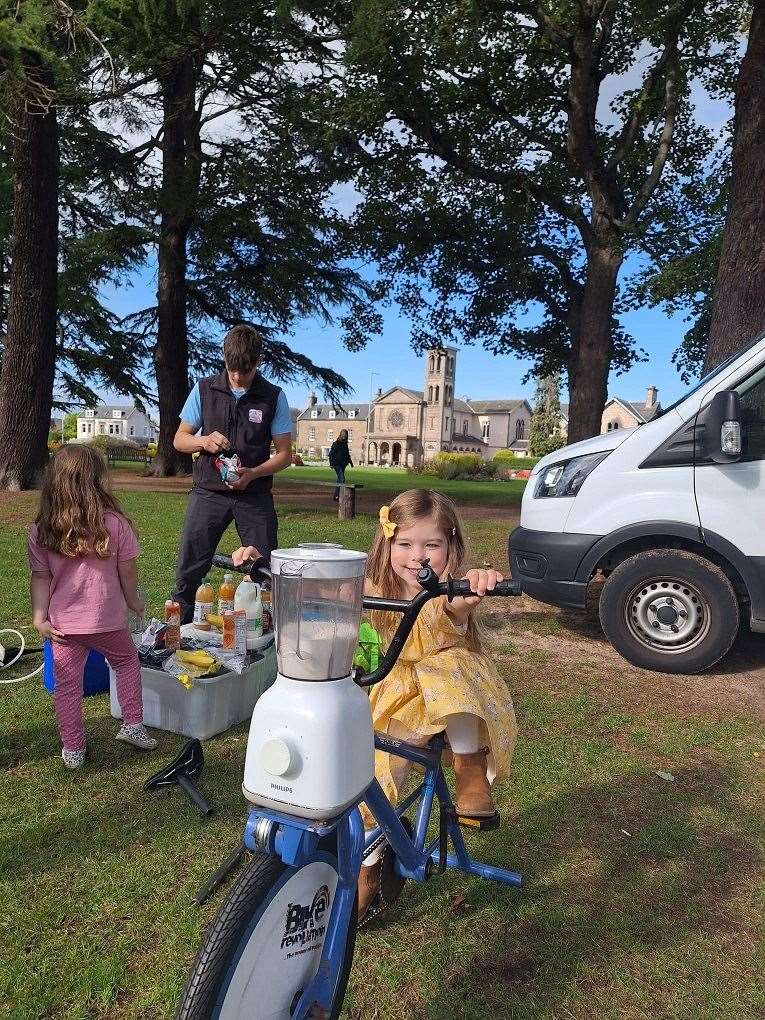 Having great fun cycling and making a delicious smoothie at the same time. Pictures: Moray Council