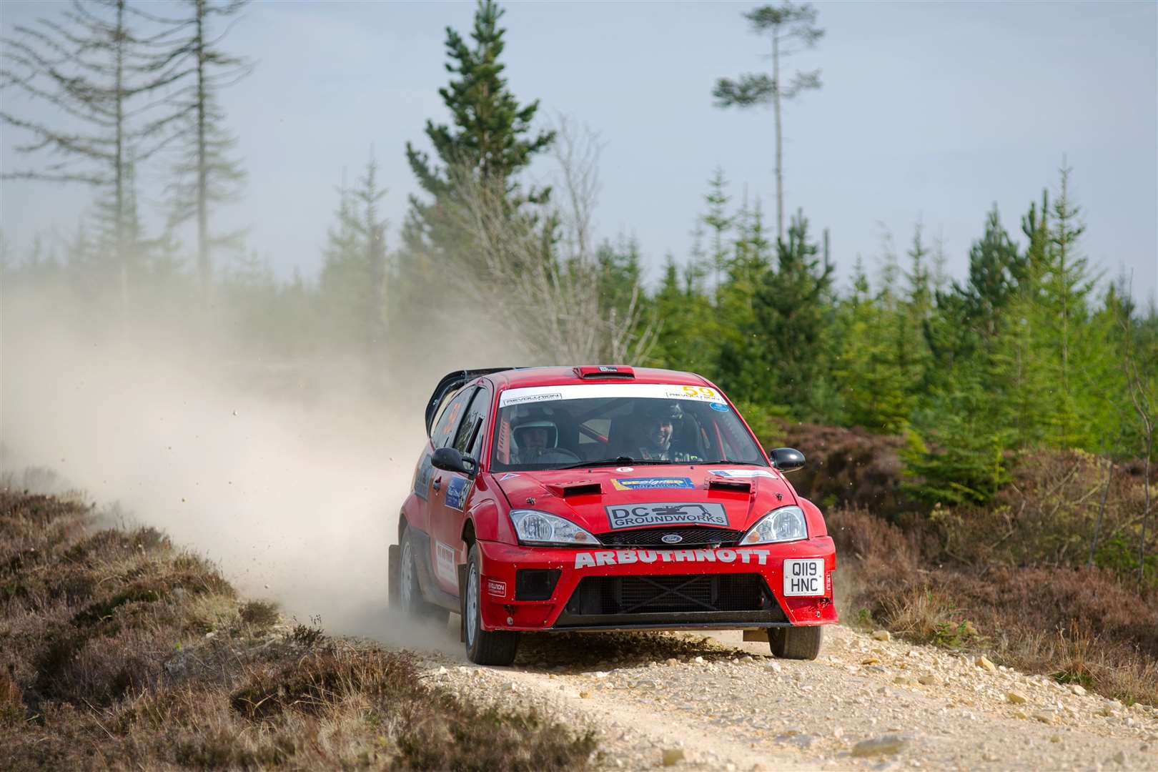 Sandy and Ian Arbuthnott in their Ford Focus at the last McDonald and Munro Speyside Stages Rally in 2019. Picture: Daniel Forsyth.