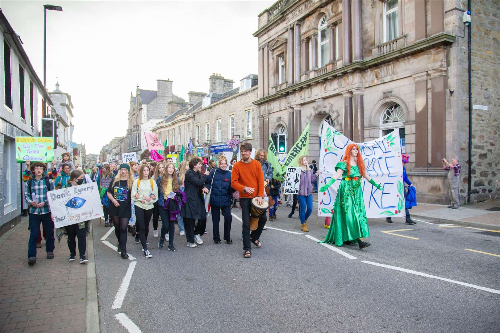 The demonstration heads towards Grant Park...Forres Earth March - Friday 24th September 2021...Picture: Daniel Forsyth..