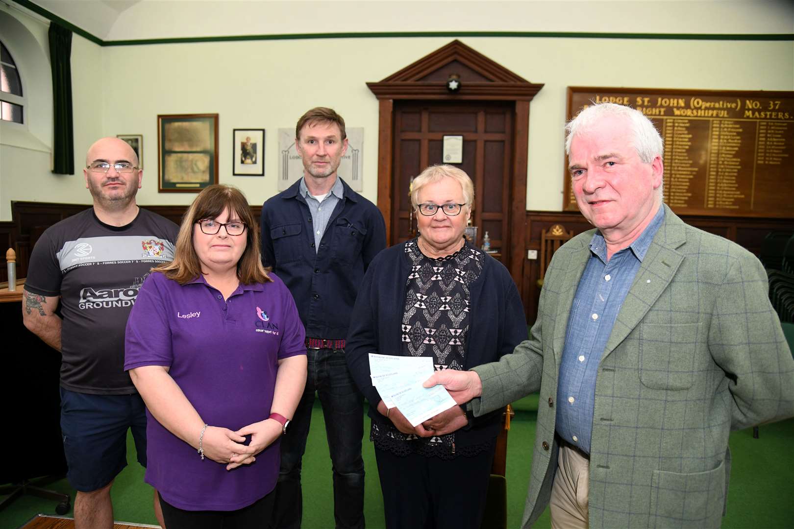 Mason Des Masson with Tommy Smith, Film Forres’ Gareth Edwards, CLAN’s Lesley Pointon and Margaret Duncan.