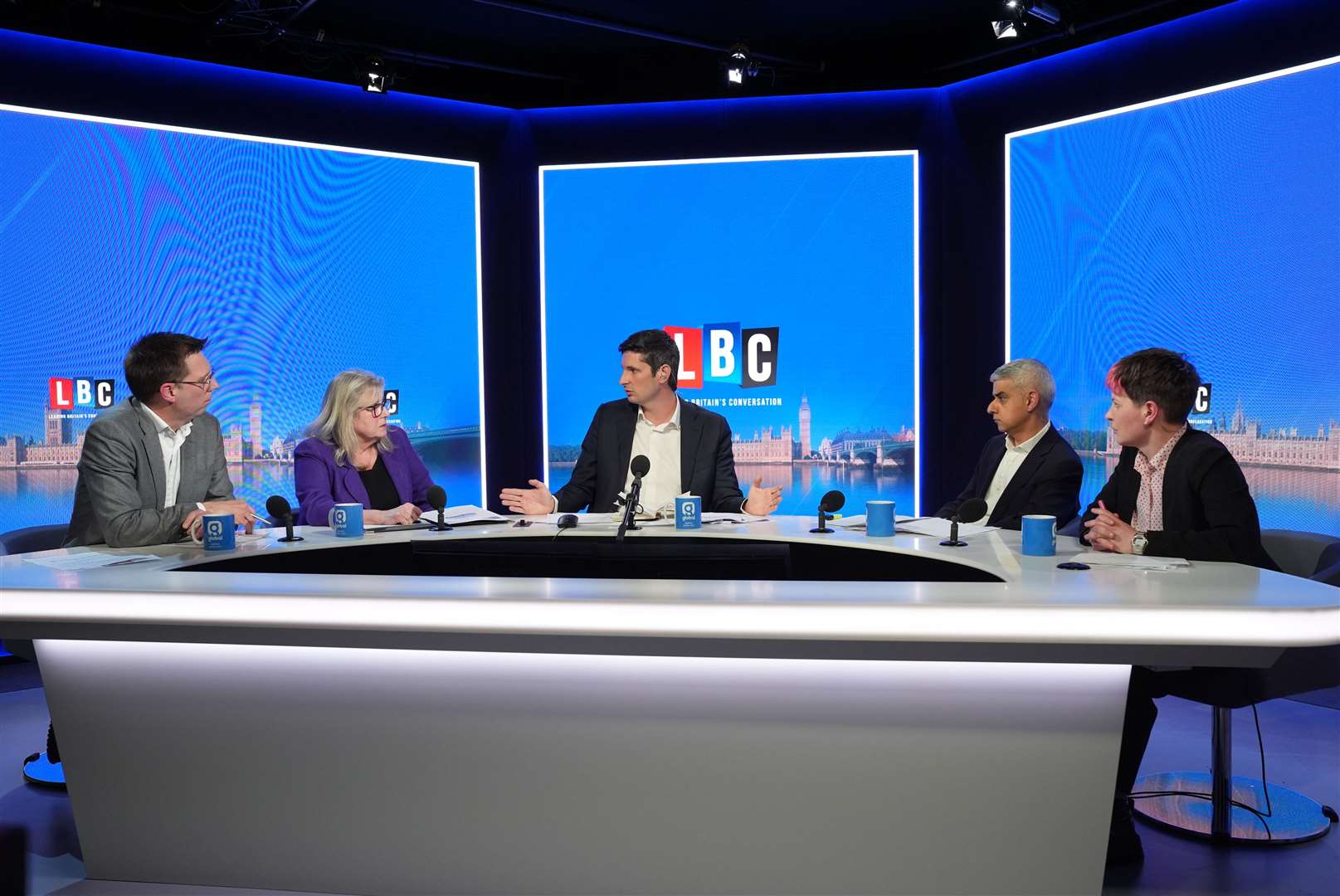 London mayoral candidates Liberal Democrat candidate Rob Blackie (left), Conservative party candidate Susan Hall, current Mayor of London and Labour party candidate Sadiq Khan and Green party candidate Zoe Garbett (right) during the LBC London Mayoral Debate (LBC/PA)