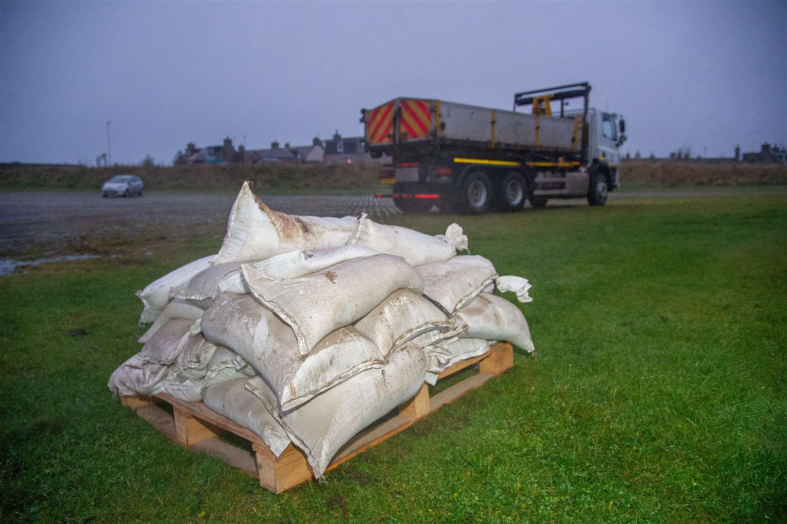 Moray Council handing out sandbags around Lossiemouth after a flood warning.