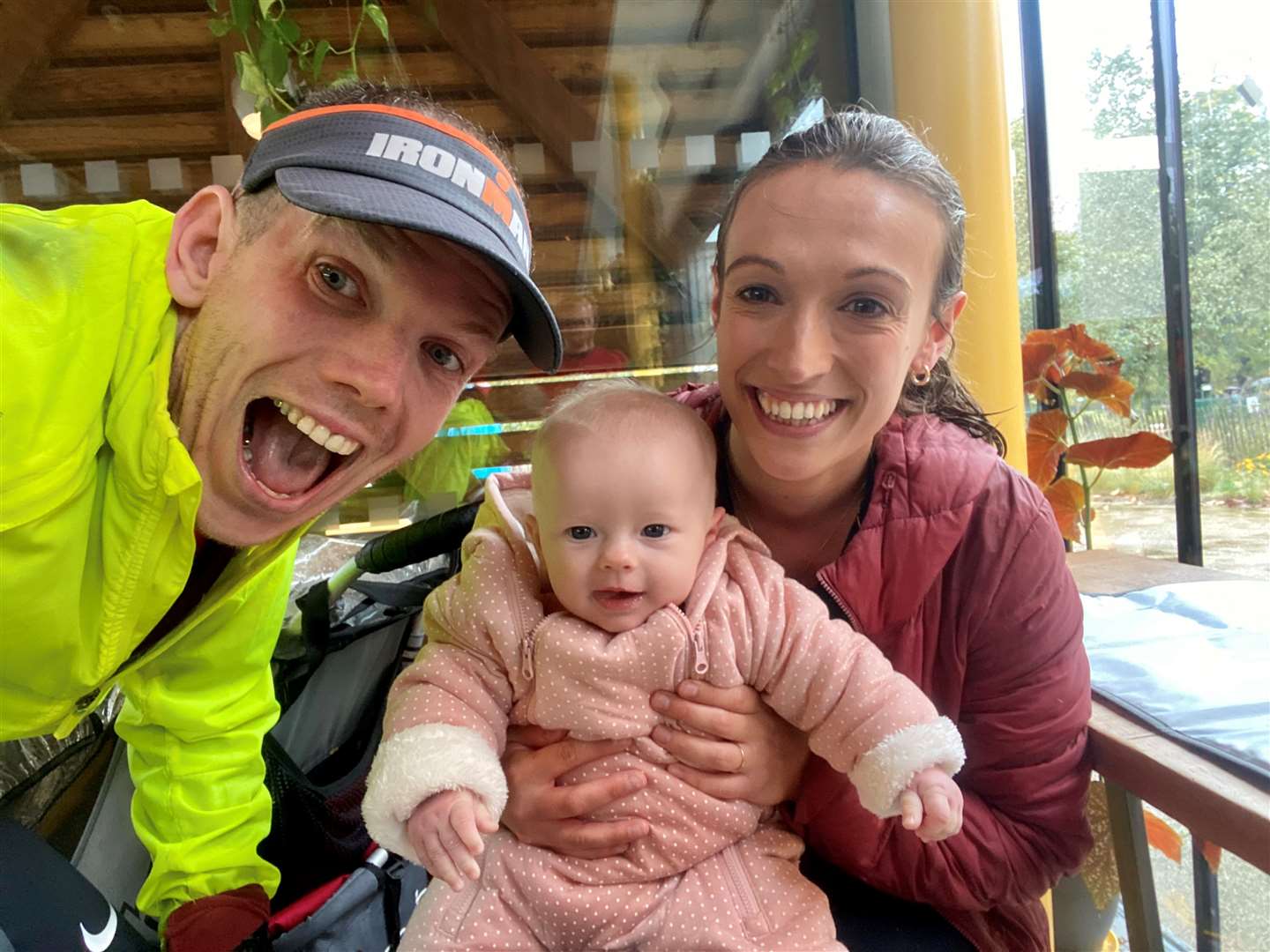 Jimmy Dale with wife Sarah and their daughter Elsie, after completing the 2020 virtual London Marathon while pushing his baby girl in her buggy (Family handout/PA)