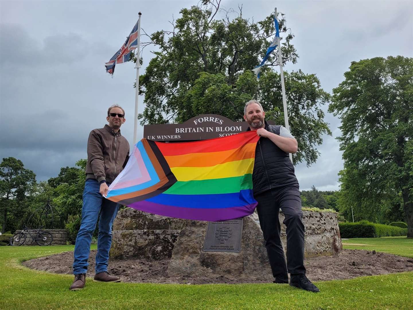 David Harrison (left) and Moray councillor Scott Lawrence (Forres, SNP) at the Grant Park flagpoles where the rainbow flag will be flown to raise awareness of the upcoming Moray Pride march.