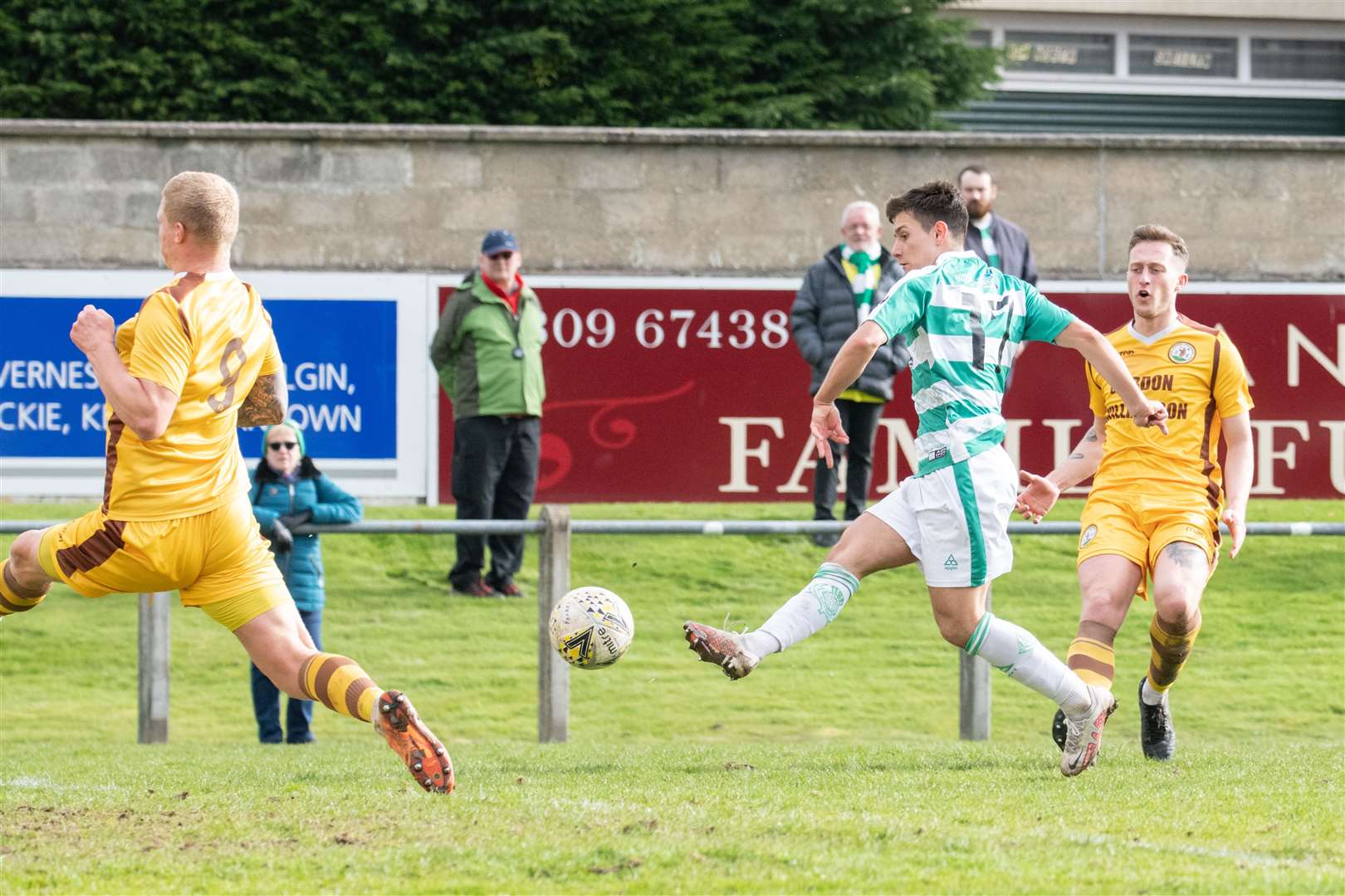 Buckie Thistle's Max Barry scores the Jags third goal of the afternoon. ..Forres Mechanics FC (2) vs Buckie Thistle FC (3) - Highland Football League 22/23 - Mosset Park, Forres 01/04/23...Picture: Daniel Forsyth..
