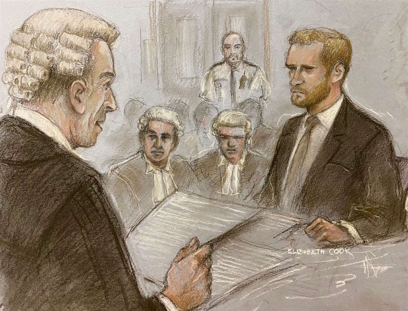 Court artist sketch by Elizabeth Cook of the Duke of Sussex (right) being cross examined by Andrew Green KC (Elizabeth Cook/PA)