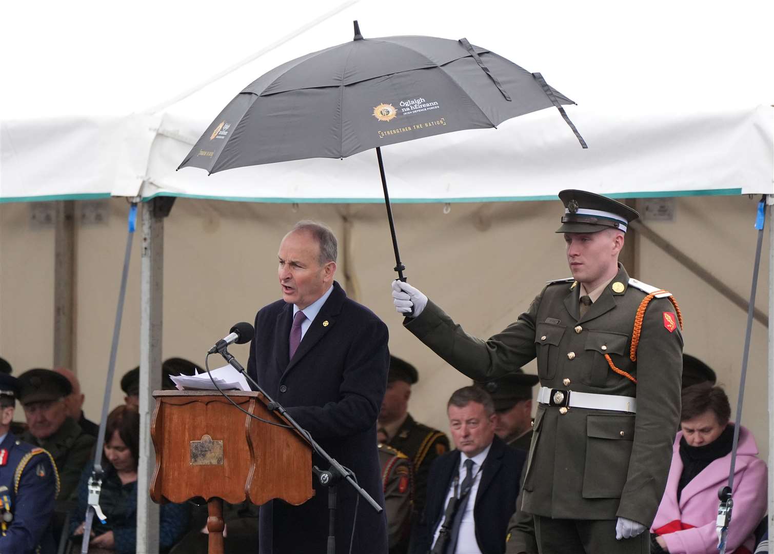 Tanaiste Micheal Martin speaks during the commissioning ceremony of the 99th cadet class at the Defence Forces Training Centre in Curragh, Co Kildare (Niall Carson/PA)