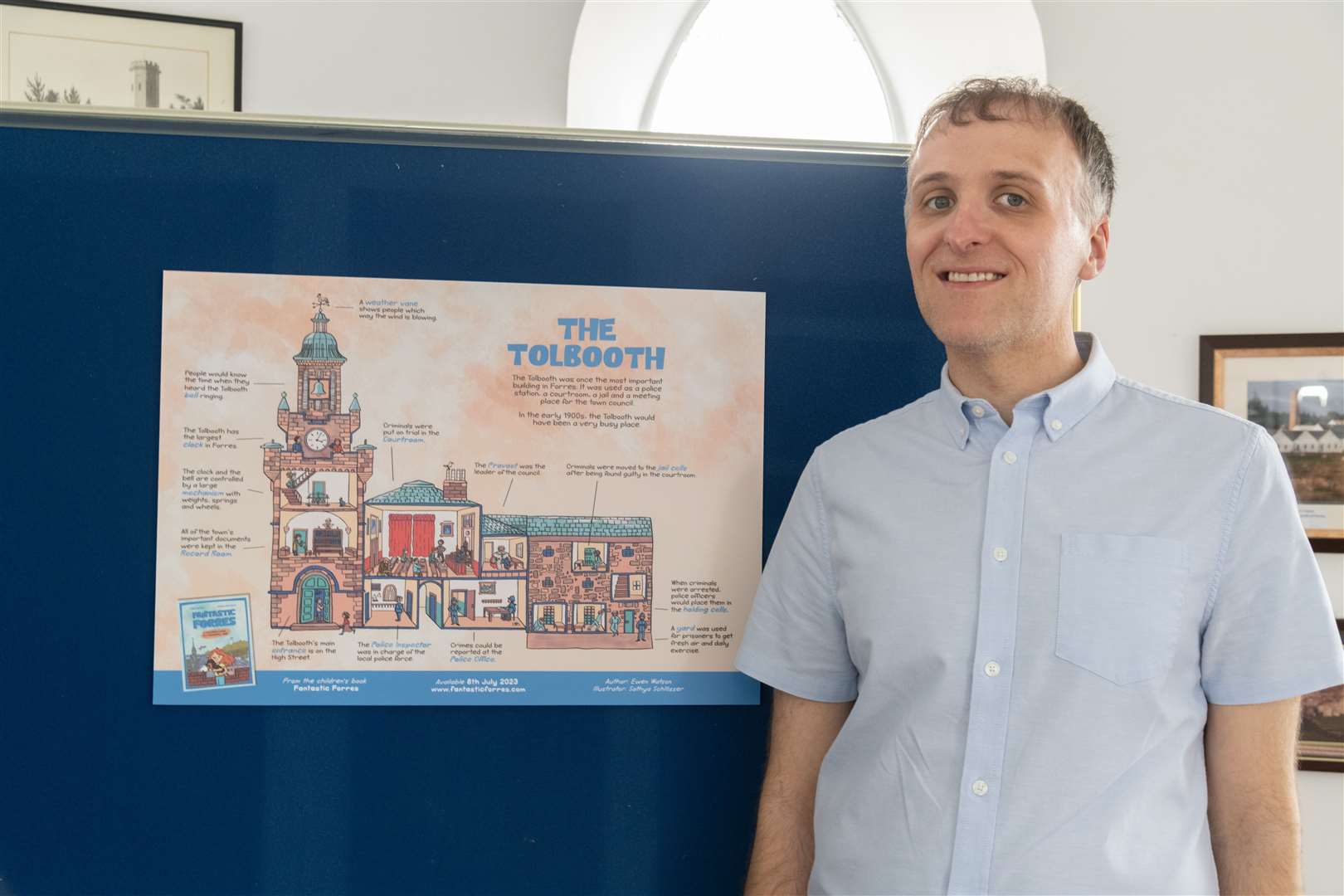 Ewen Watson showcasing the Tolbooth page in his new children’s book, Fascinating Forres. Picture: Beth Taylor