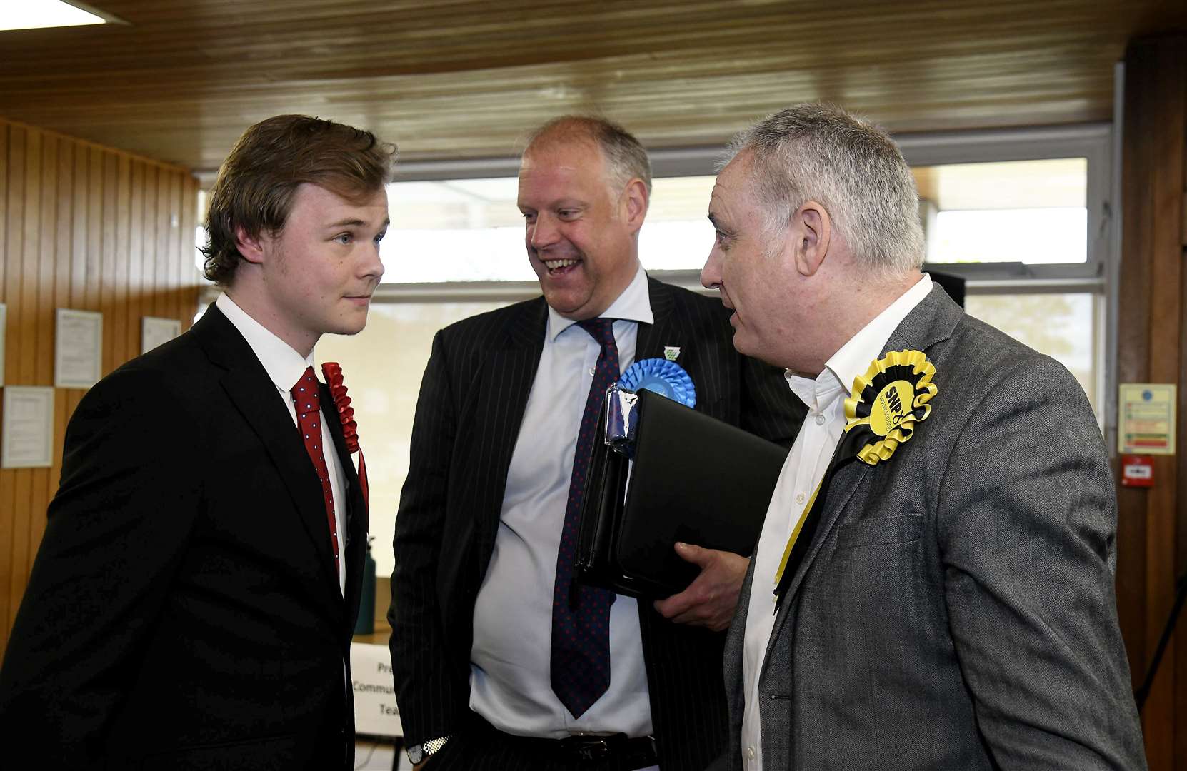 Cllr Neil McLennan (centre), co-leader of the Council and Moray Conservative group, with Labour Cllr Ben Williams (left) and Moray MSP Richard Lochhead at the local government election count last month.