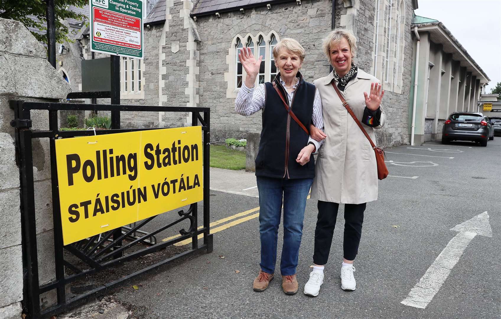 Labour candidate Senator Ivana Bacik with her mother Rina at a polling station in Rathgar, Dublin (Brian Lawless/PA)