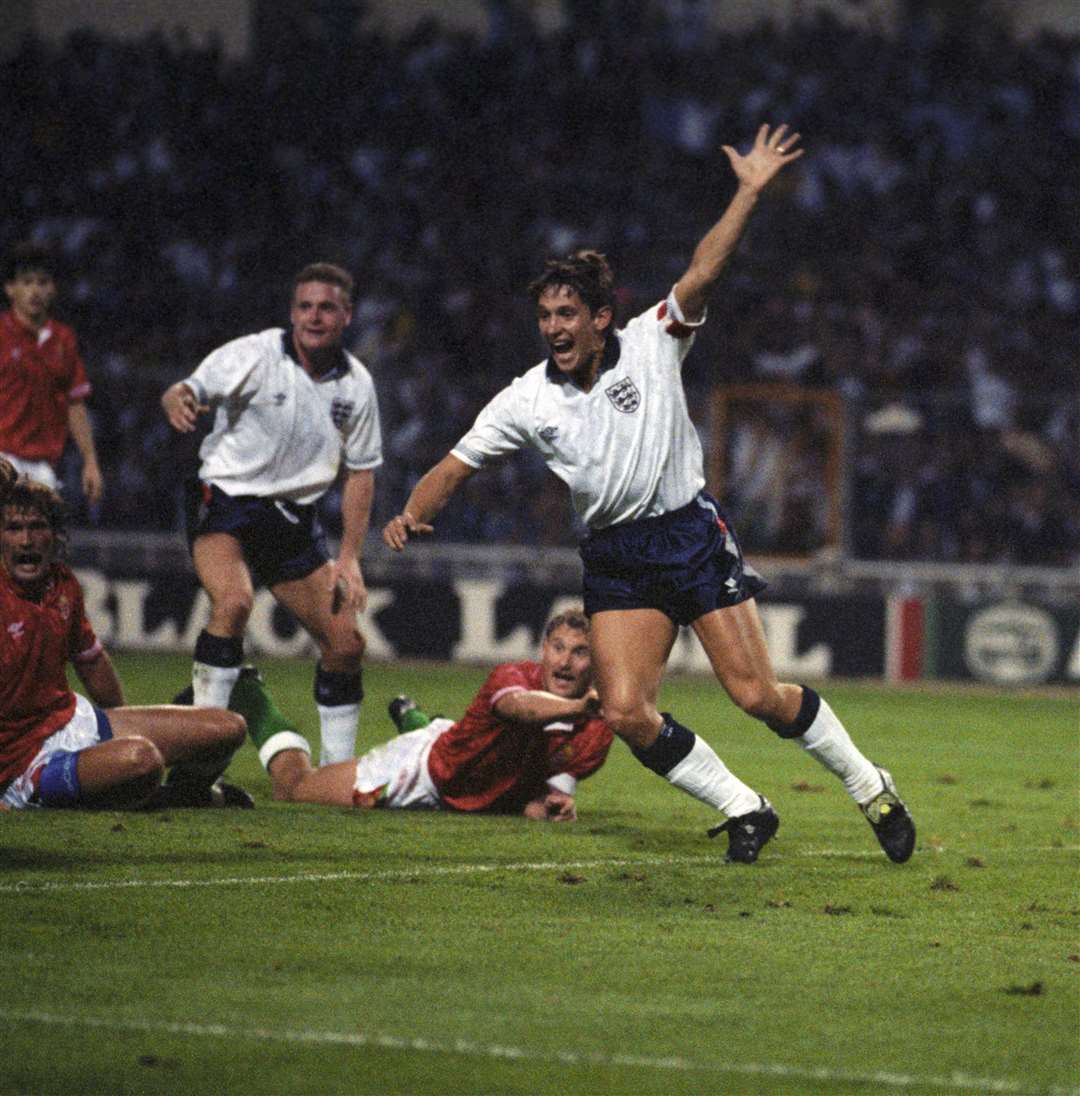 Gary Lineker as England captain scoring his side’s only goal during a friendly against Hungary at Wembley (PA)